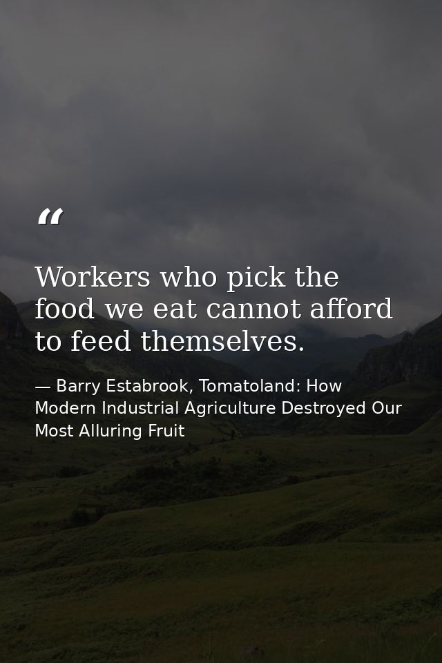Workers who pick the food we eat cannot afford to feed themselves. — Barry Estabrook, Tomatoland: How Modern Industrial Agriculture Destroyed Our Most Alluring Fruit