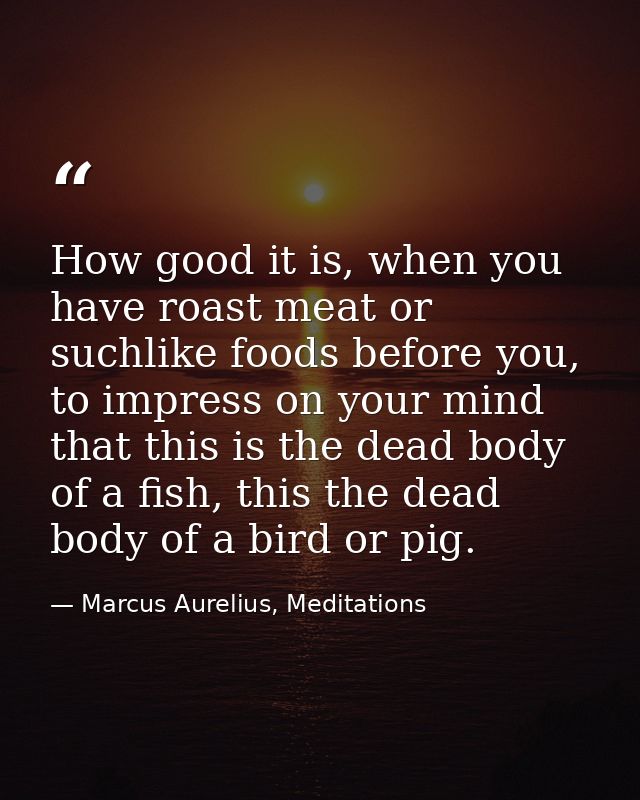 How good it is, when you have roast meat or suchlike foods before you, to impress on your mind that this is the dead bod — Marcus Aurelius, Meditations