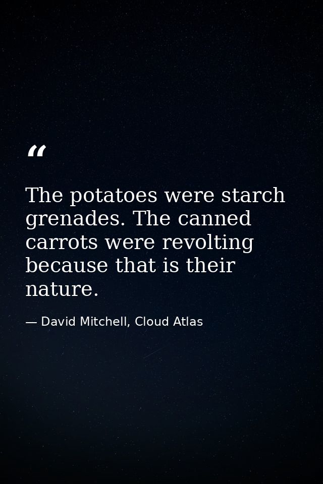 The potatoes were starch grenades. The canned carrots were revolting because that is their nature. — David Mitchell, Cloud Atlas