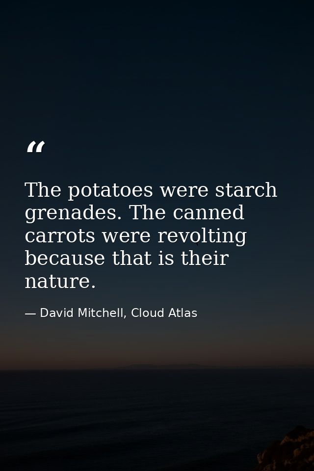 The potatoes were starch grenades. The canned carrots were revolting because that is their nature. — David Mitchell, Cloud Atlas
