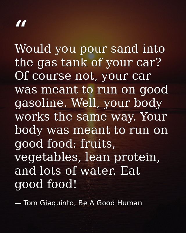 Would you pour sand into the gas tank of your car? Of course not, your car was meant to run on good gasoline. Well, your — Tom Giaquinto, Be A Good Human