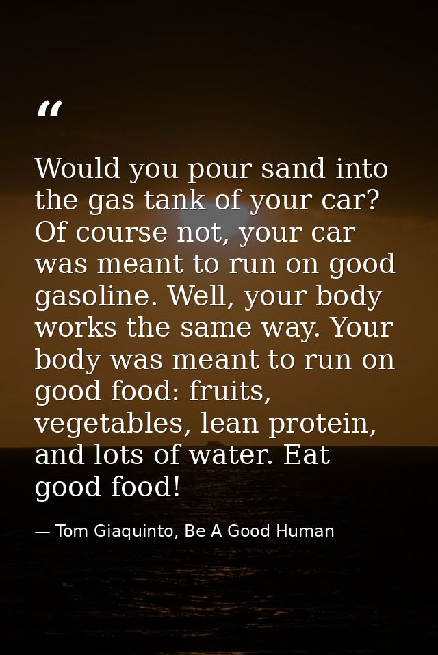 Would you pour sand into the gas tank of your car? Of course not, your car was meant to run on good gasoline. Well, your — Tom Giaquinto, Be A Good Human