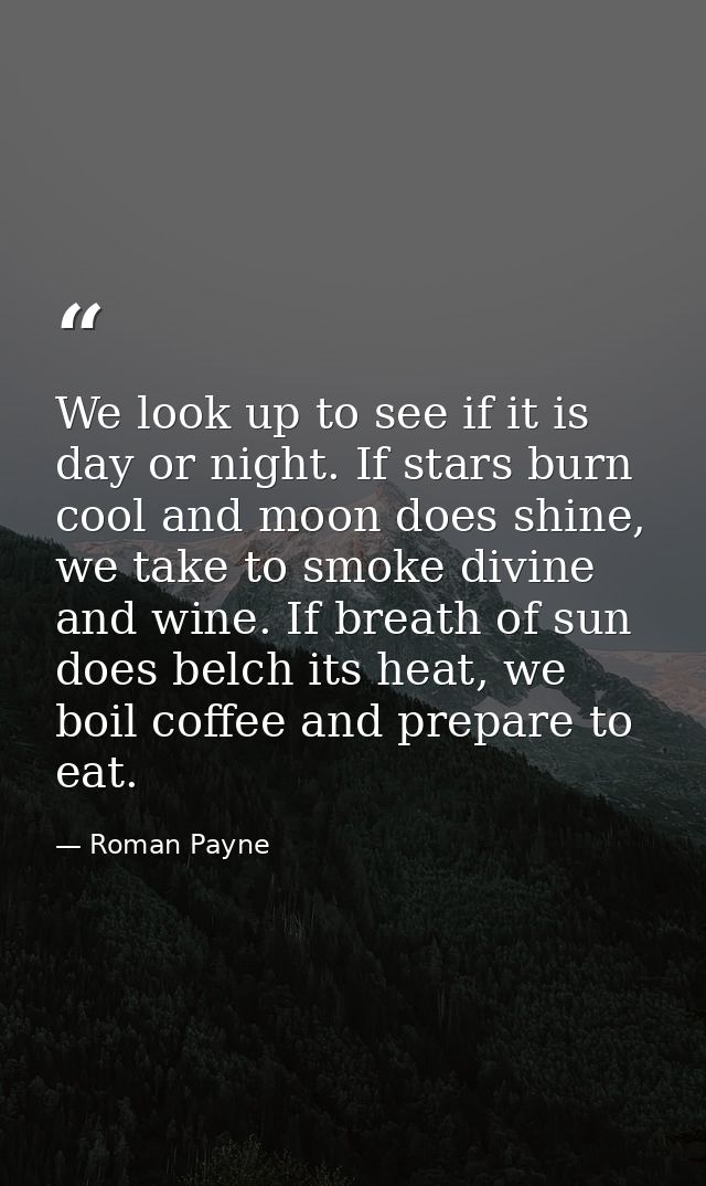 We look up to see if it is day or night. If stars burn cool and moon does shine, we take to smoke divine and wine. If br — Roman Payne