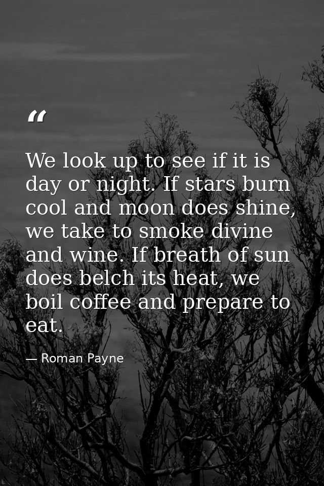 We look up to see if it is day or night. If stars burn cool and moon does shine, we take to smoke divine and wine. If br — Roman Payne