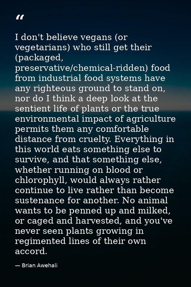 I don't believe vegans (or vegetarians) who still get their (packaged, preservative/chemical-ridden) food from industria — Brian Awehali