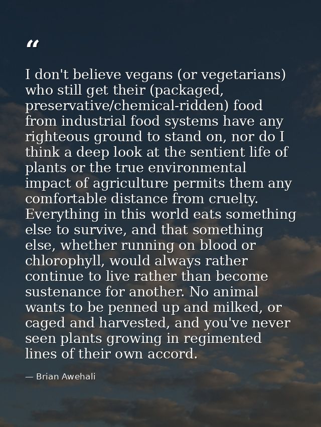 I don't believe vegans (or vegetarians) who still get their (packaged, preservative/chemical-ridden) food from industria — Brian Awehali