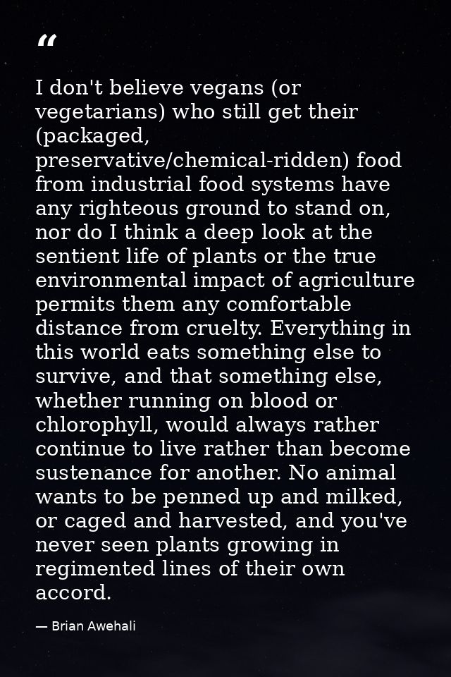 I don't believe vegans (or vegetarians) who still get their (packaged, preservative/chemical-ridden) food from industria — Brian Awehali