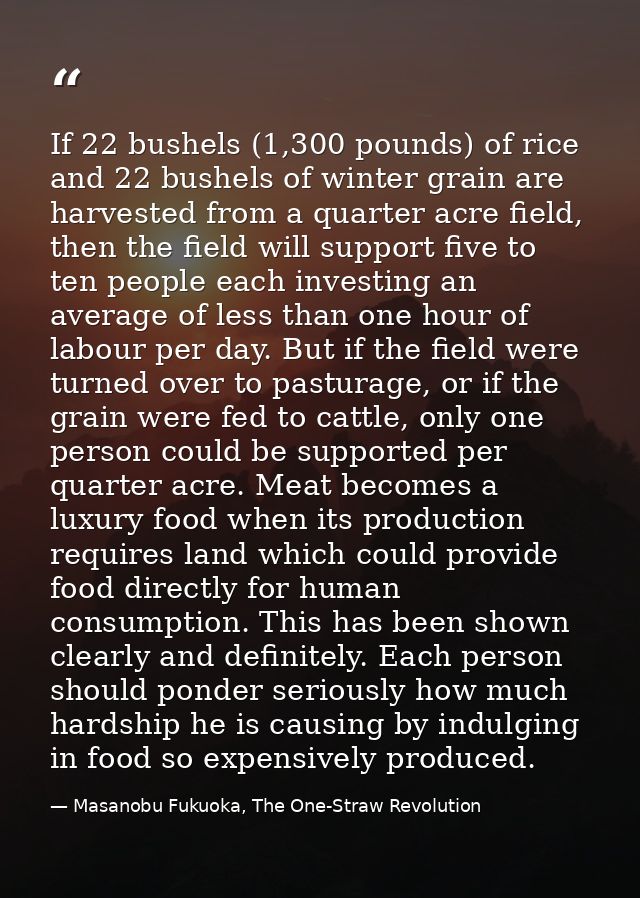 If 22 bushels (1,300 pounds) of rice and 22 bushels of winter grain are harvested from a quarter acre field, then the fi — Masanobu Fukuoka, The One-Straw Revolution