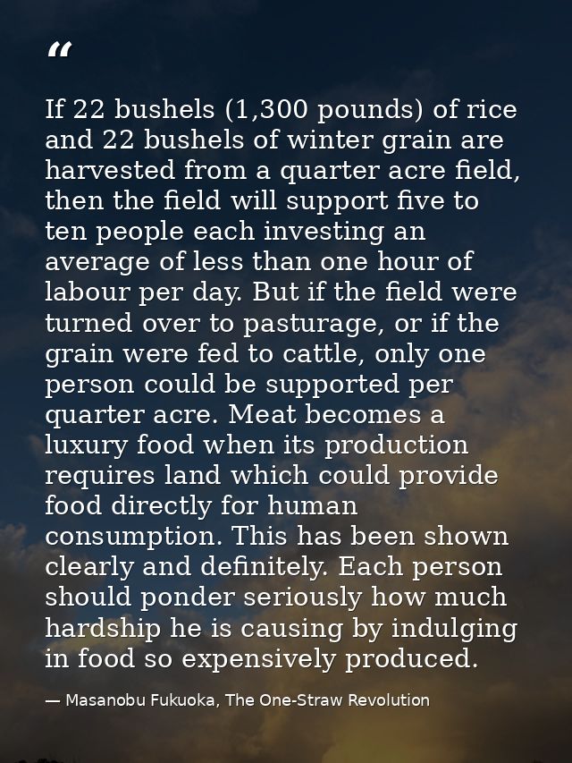 If 22 bushels (1,300 pounds) of rice and 22 bushels of winter grain are harvested from a quarter acre field, then the fi — Masanobu Fukuoka, The One-Straw Revolution
