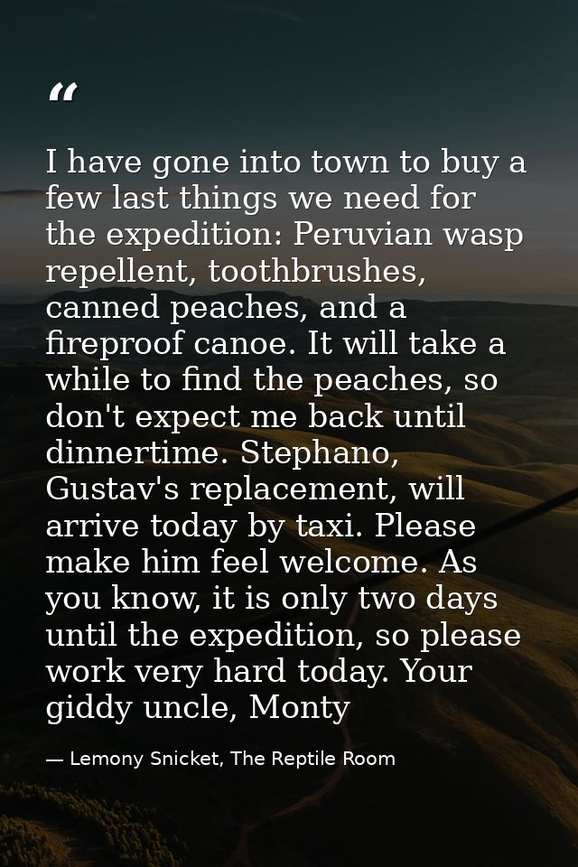 I have gone into town to buy a few last things we need for the expedition: Peruvian wasp repellent, toothbrushes, canned — Lemony Snicket, The Reptile Room