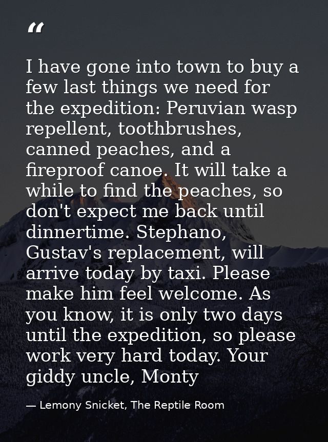 I have gone into town to buy a few last things we need for the expedition: Peruvian wasp repellent, toothbrushes, canned — Lemony Snicket, The Reptile Room