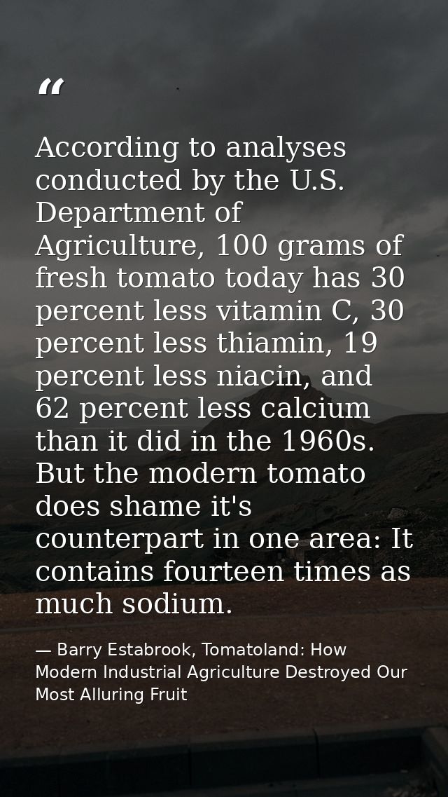 According to analyses conducted by the U.S. Department of Agriculture, 100 grams of fresh tomato today has 30 percent le — Barry Estabrook, Tomatoland: How Modern Industrial Agriculture Destroyed Our Most Alluring Fruit