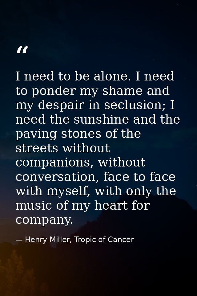 I need to be alone. I need to ponder my shame and my despair in seclusion; I need the sunshine and the paving stones of  — Henry Miller, Tropic of Cancer