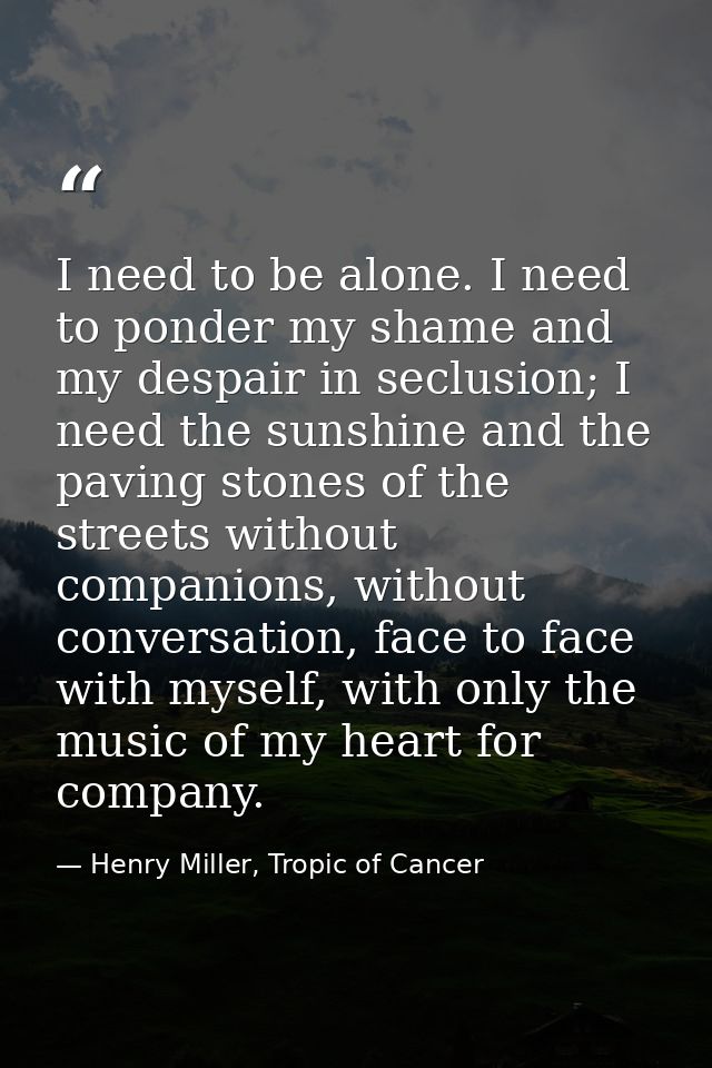 I need to be alone. I need to ponder my shame and my despair in seclusion; I need the sunshine and the paving stones of  — Henry Miller, Tropic of Cancer