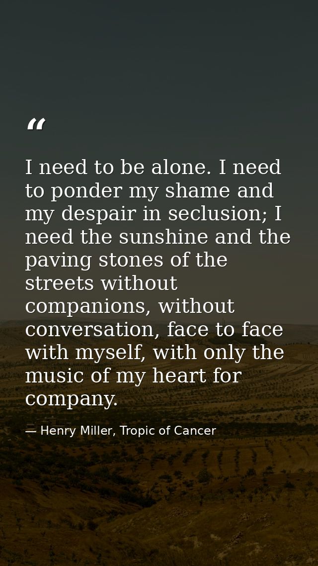 I need to be alone. I need to ponder my shame and my despair in seclusion; I need the sunshine and the paving stones of  — Henry Miller, Tropic of Cancer