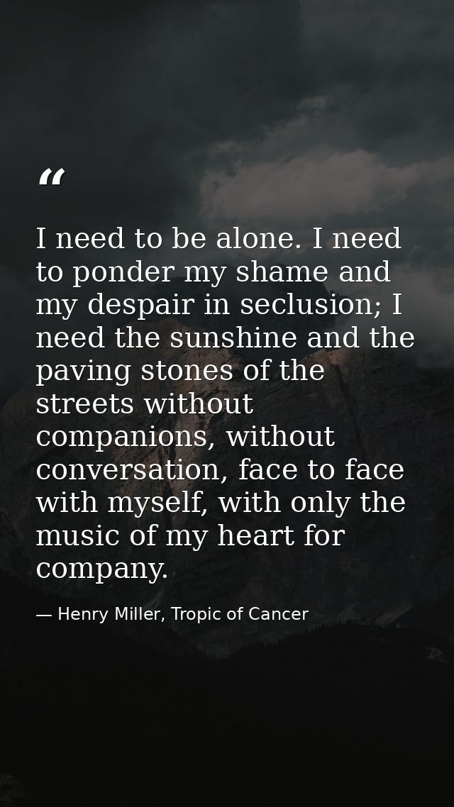I need to be alone. I need to ponder my shame and my despair in seclusion; I need the sunshine and the paving stones of  — Henry Miller, Tropic of Cancer