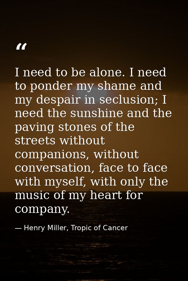 I need to be alone. I need to ponder my shame and my despair in seclusion; I need the sunshine and the paving stones of  — Henry Miller, Tropic of Cancer