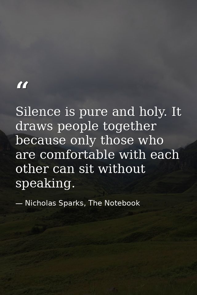 Silence is pure and holy. It draws people together because only those who are comfortable with each other can sit withou — Nicholas Sparks, The Notebook