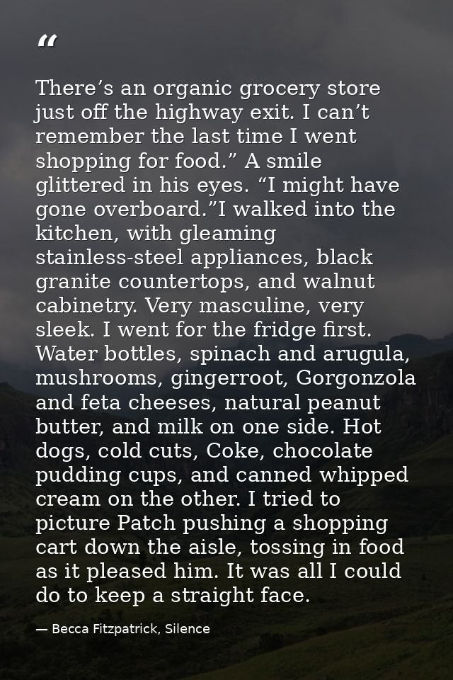 There’s an organic grocery store just off the highway exit. I can’t remember the last time I went shopping for food.” A  — Becca Fitzpatrick, Silence