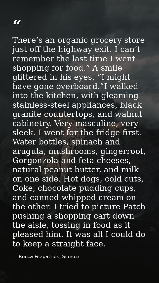 There’s an organic grocery store just off the highway exit. I can’t remember the last time I went shopping for food.” A  — Becca Fitzpatrick, Silence