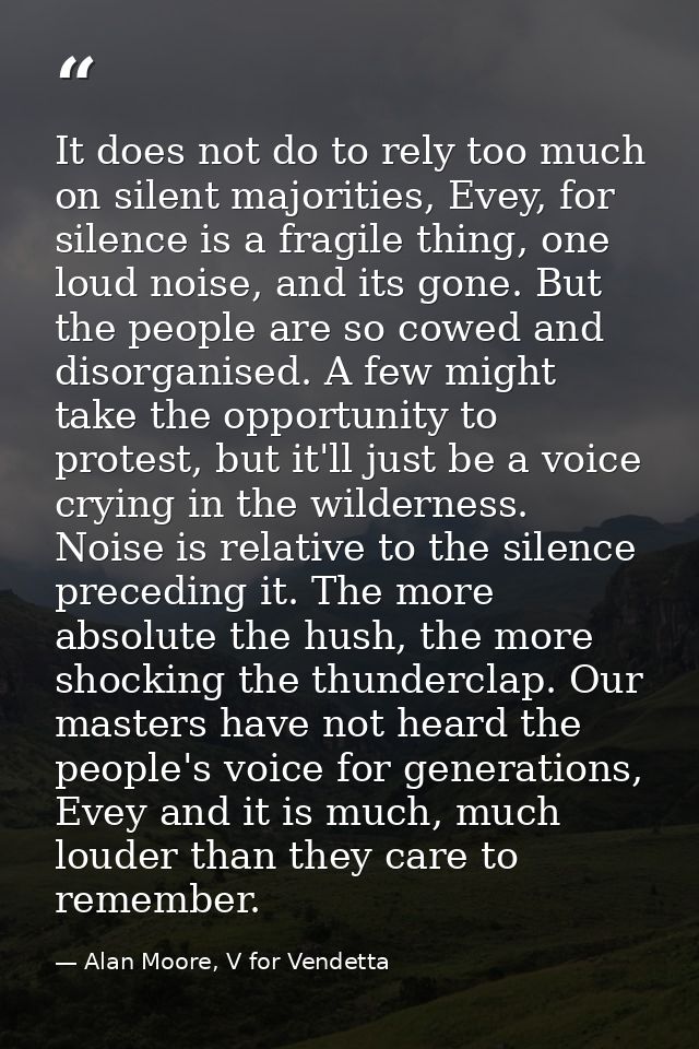 It does not do to rely too much on silent majorities, Evey, for silence is a fragile thing, one loud noise, and its gone — Alan Moore, V for Vendetta