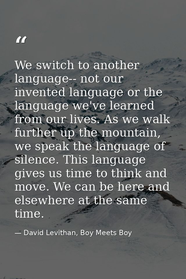We switch to another language-- not our invented language or the language we've learned from our lives. As we walk furth — David Levithan, Boy Meets Boy