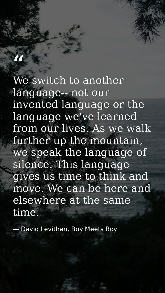 We switch to another language-- not our invented language or the language we've learned from our lives. As we walk furth — David Levithan, Boy Meets Boy