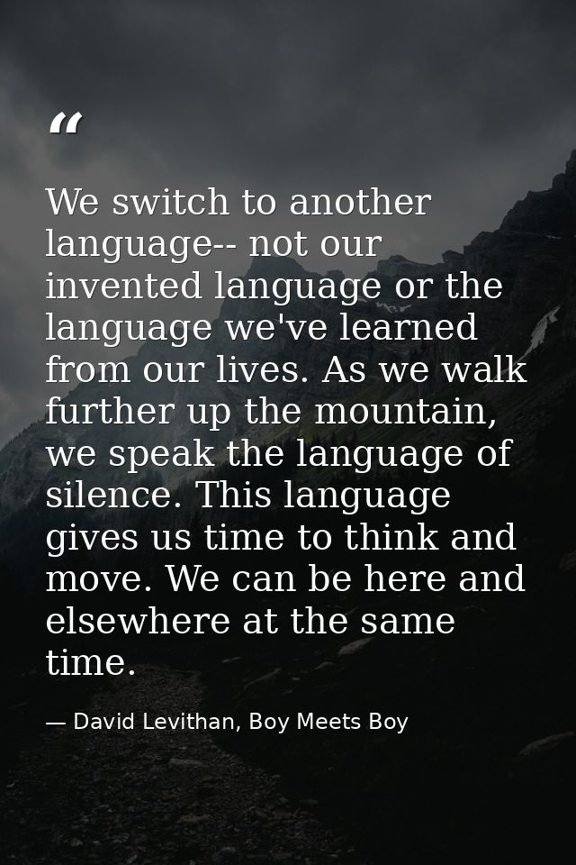 We switch to another language-- not our invented language or the language we've learned from our lives. As we walk furth — David Levithan, Boy Meets Boy