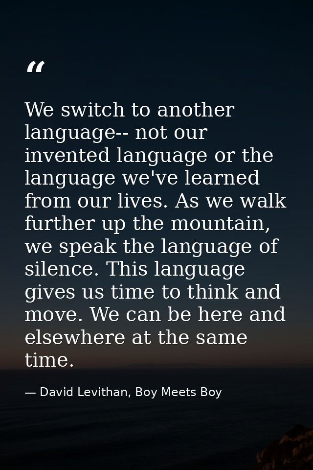 We switch to another language-- not our invented language or the language we've learned from our lives. As we walk furth — David Levithan, Boy Meets Boy