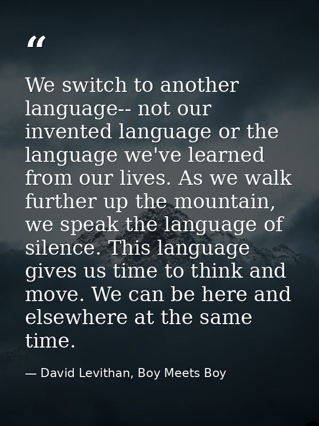 We switch to another language-- not our invented language or the language we've learned from our lives. As we walk furth — David Levithan, Boy Meets Boy