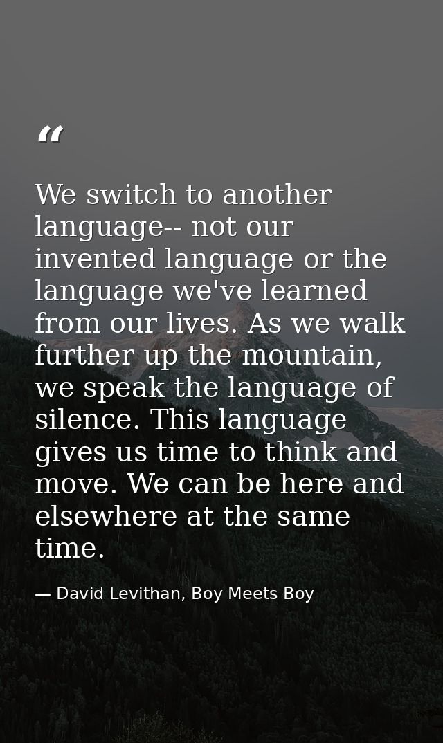 We switch to another language-- not our invented language or the language we've learned from our lives. As we walk furth — David Levithan, Boy Meets Boy