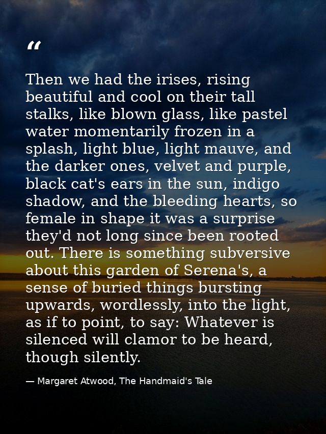 Then we had the irises, rising beautiful and cool on their tall stalks, like blown glass, like pastel water momentarily  — Margaret Atwood, The Handmaid's Tale