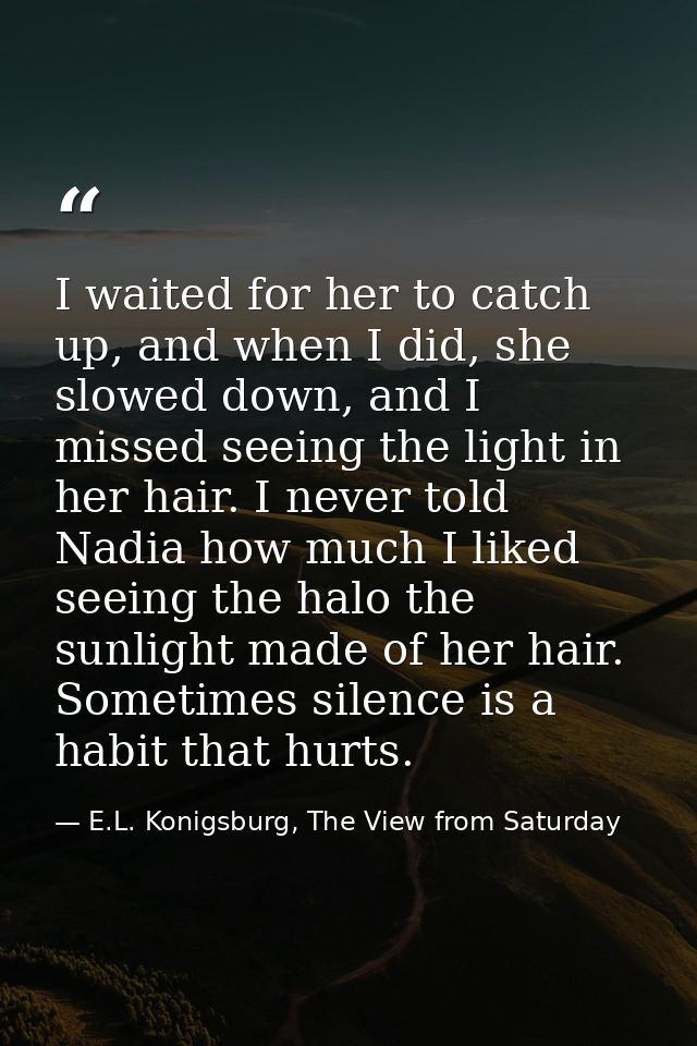 I waited for her to catch up, and when I did, she slowed down, and I missed seeing the light in her hair. I never told N — E.L. Konigsburg, The View from Saturday