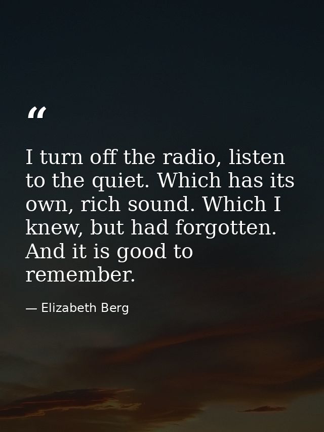 I turn off the radio, listen to the quiet. Which has its own, rich sound. Which I knew, but had forgotten. And it is goo — Elizabeth Berg