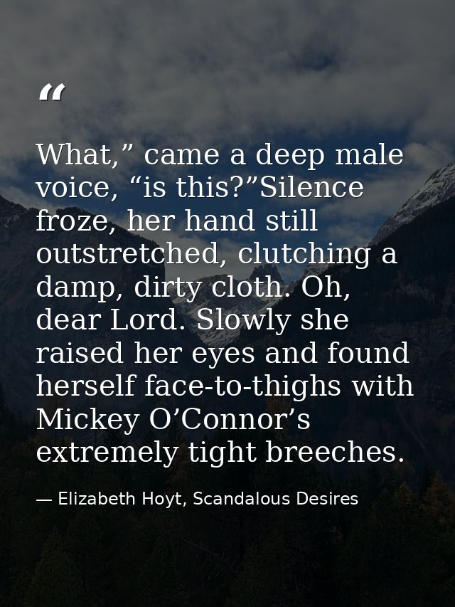 What,” came a deep male voice, “is this?”Silence froze, her hand still outstretched, clutching a damp, dirty cloth. Oh,  — Elizabeth Hoyt, Scandalous Desires