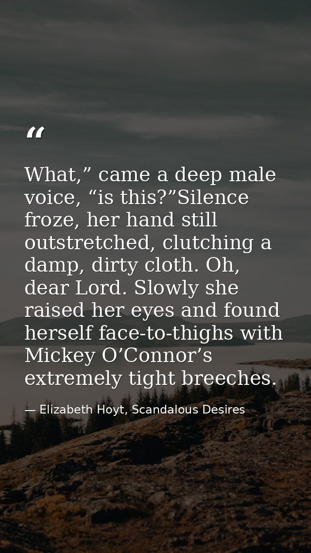 What,” came a deep male voice, “is this?”Silence froze, her hand still outstretched, clutching a damp, dirty cloth. Oh,  — Elizabeth Hoyt, Scandalous Desires