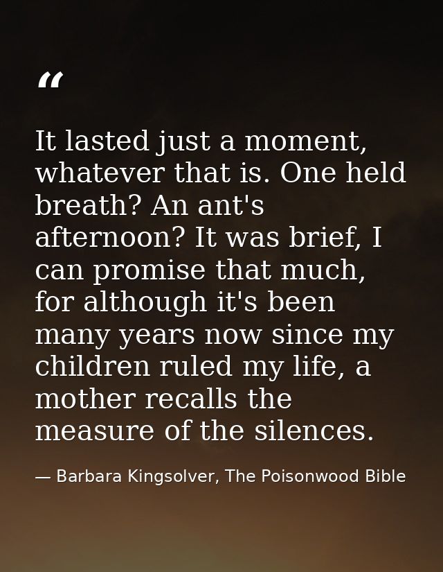 It lasted just a moment, whatever that is. One held breath? An ant's afternoon? It was brief, I can promise that much, f — Barbara Kingsolver, The Poisonwood Bible