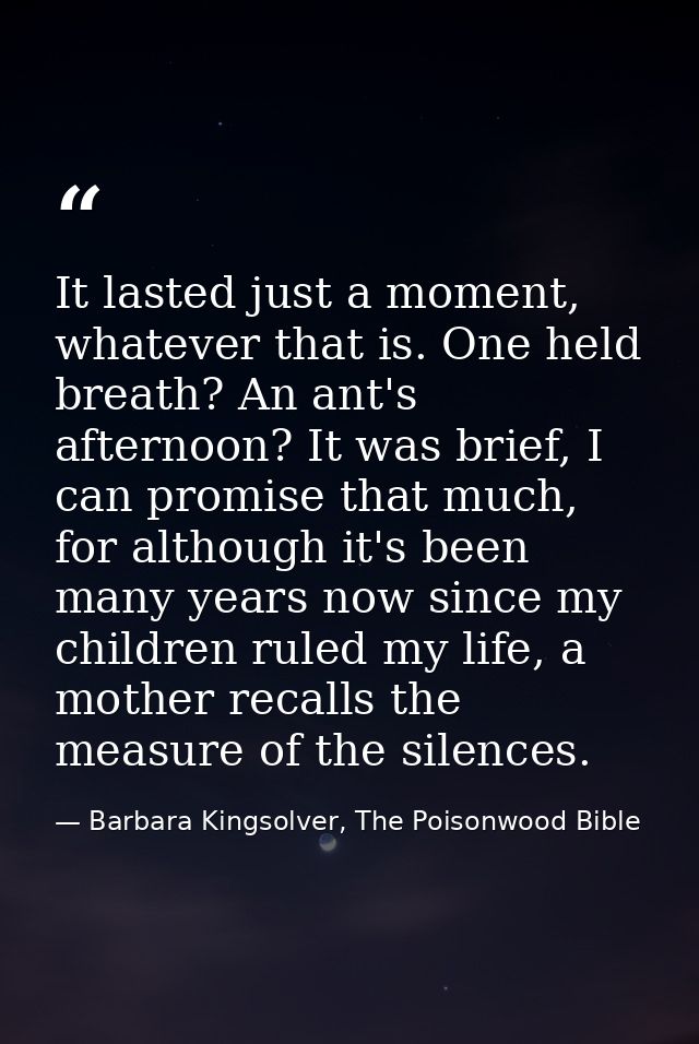 It lasted just a moment, whatever that is. One held breath? An ant's afternoon? It was brief, I can promise that much, f — Barbara Kingsolver, The Poisonwood Bible
