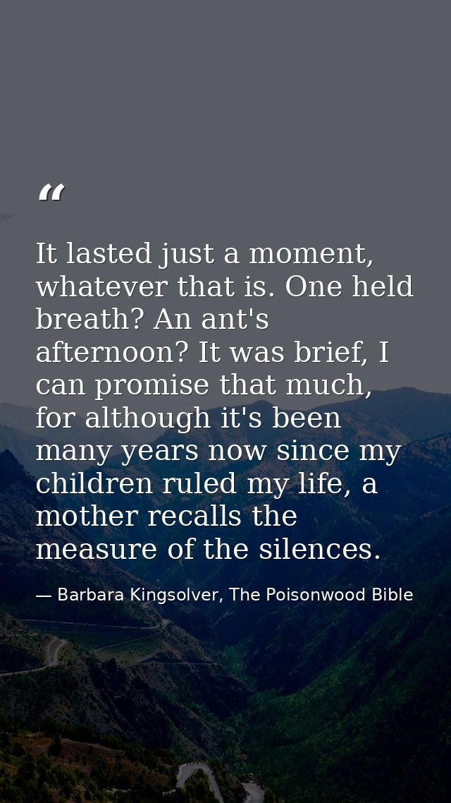 It lasted just a moment, whatever that is. One held breath? An ant's afternoon? It was brief, I can promise that much, f — Barbara Kingsolver, The Poisonwood Bible