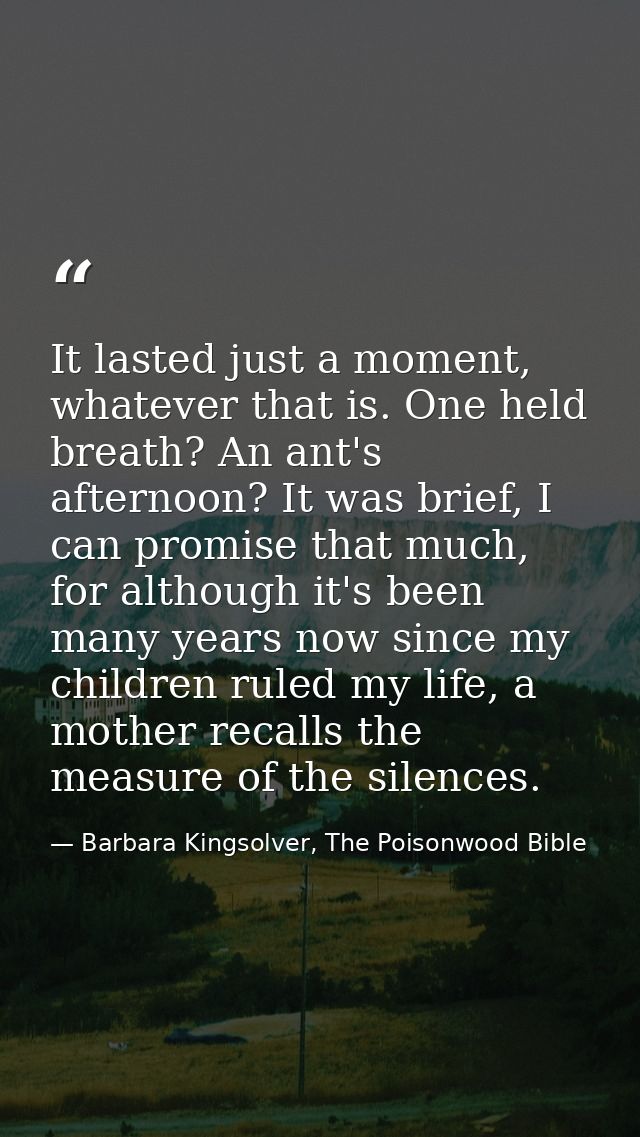 It lasted just a moment, whatever that is. One held breath? An ant's afternoon? It was brief, I can promise that much, f — Barbara Kingsolver, The Poisonwood Bible