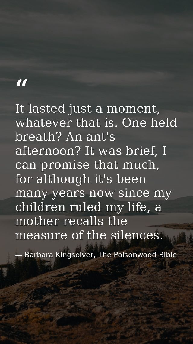 It lasted just a moment, whatever that is. One held breath? An ant's afternoon? It was brief, I can promise that much, f — Barbara Kingsolver, The Poisonwood Bible