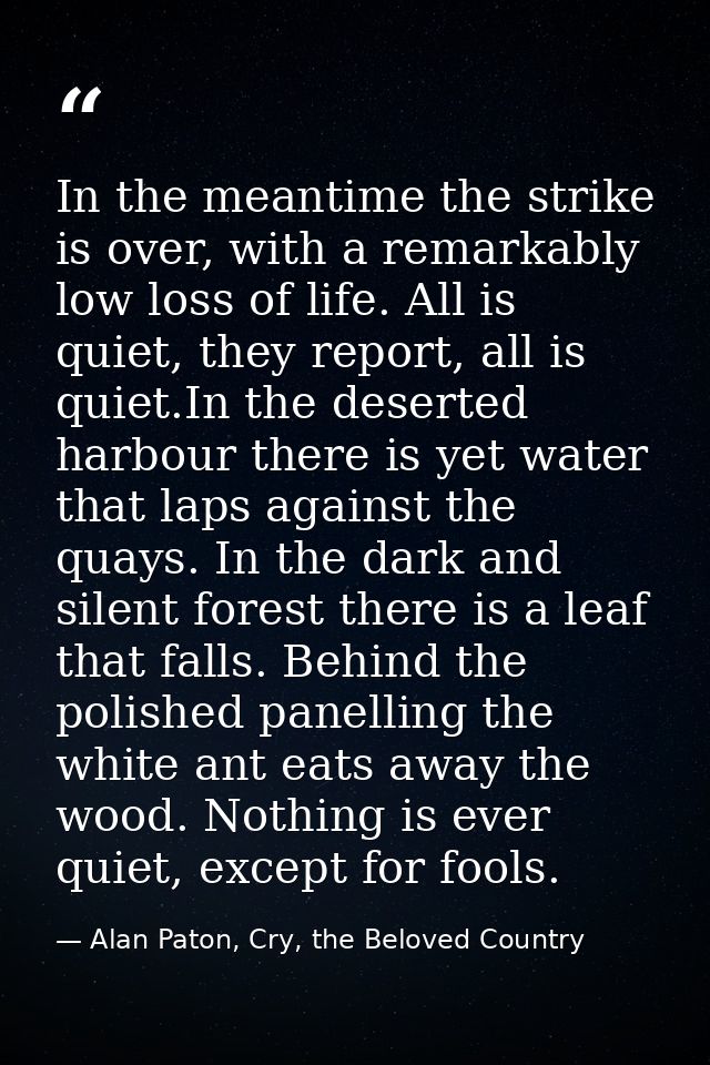 In the meantime the strike is over, with a remarkably low loss of life. All is quiet, they report, all is quiet.In the d — Alan Paton, Cry, the Beloved Country
