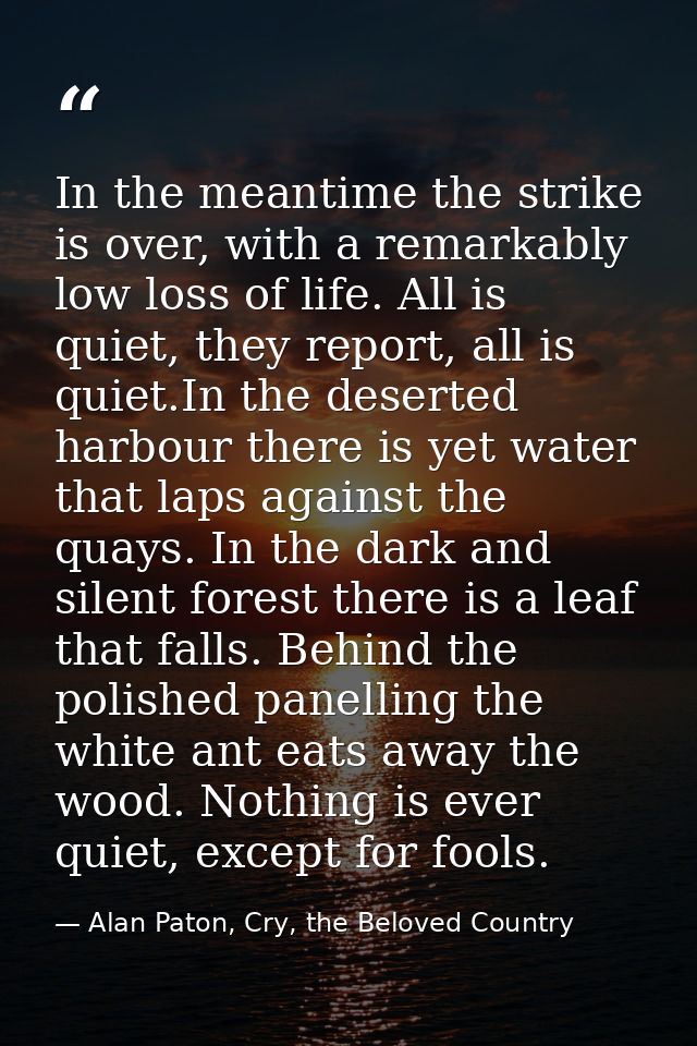 In the meantime the strike is over, with a remarkably low loss of life. All is quiet, they report, all is quiet.In the d — Alan Paton, Cry, the Beloved Country