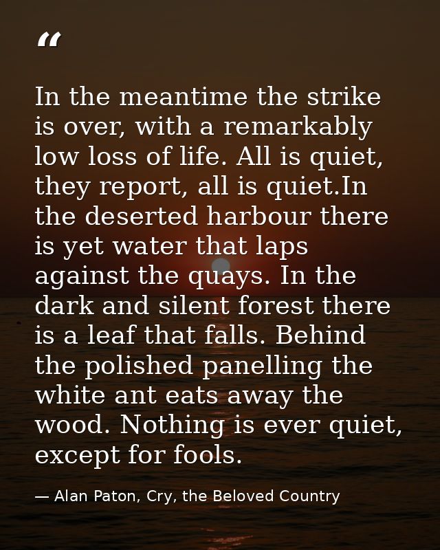 In the meantime the strike is over, with a remarkably low loss of life. All is quiet, they report, all is quiet.In the d — Alan Paton, Cry, the Beloved Country