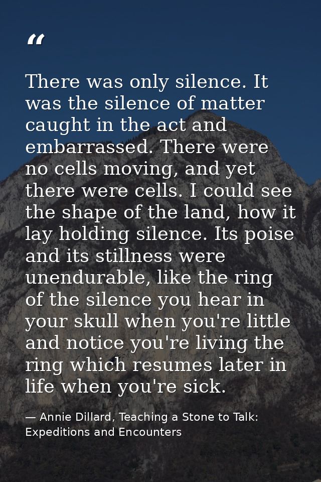 There was only silence. It was the silence of matter caught in the act and embarrassed. There were no cells moving, and  — Annie Dillard, Teaching a Stone to Talk: Expeditions and Encounters