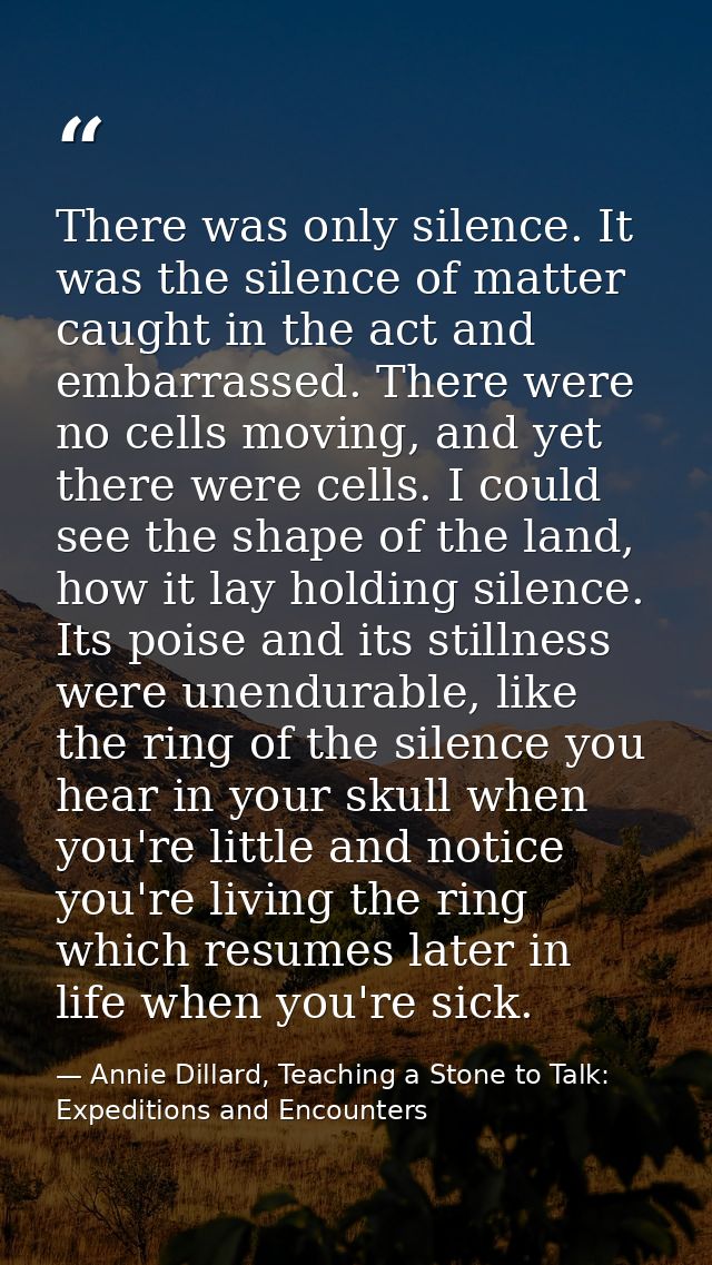There was only silence. It was the silence of matter caught in the act and embarrassed. There were no cells moving, and  — Annie Dillard, Teaching a Stone to Talk: Expeditions and Encounters