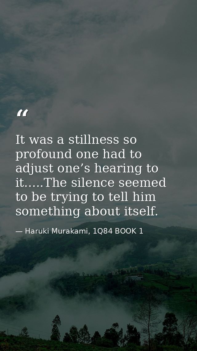It was a stillness so profound one had to adjust one’s hearing to it.....The silence seemed to be trying to tell him som — Haruki Murakami, 1Q84 BOOK 1