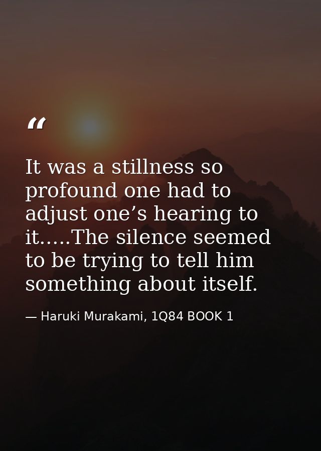 It was a stillness so profound one had to adjust one’s hearing to it.....The silence seemed to be trying to tell him som — Haruki Murakami, 1Q84 BOOK 1