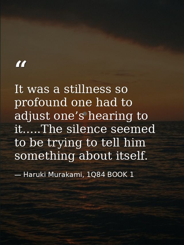 It was a stillness so profound one had to adjust one’s hearing to it.....The silence seemed to be trying to tell him som — Haruki Murakami, 1Q84 BOOK 1