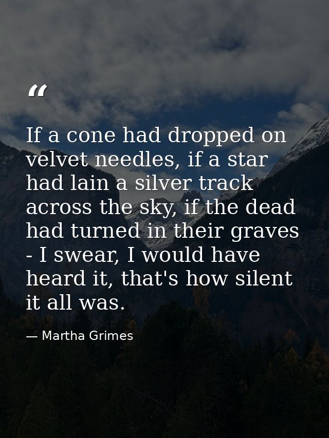 If a cone had dropped on velvet needles, if a star had lain a silver track across the sky, if the dead had turned in the — Martha Grimes